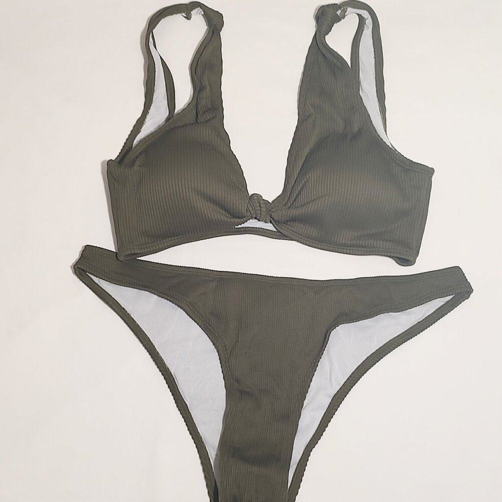Zesica Swimwear Bikini Top & Bottom Olive Green Ribbed Knot Strap Size XL